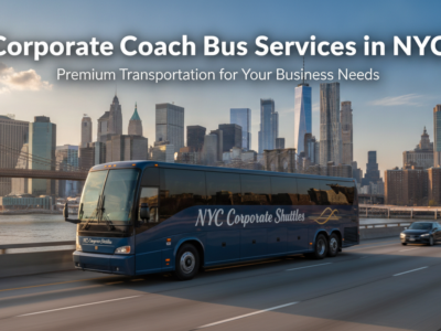 Corporate coach bus driving past Manhattan skyline in New York City