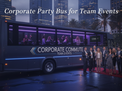 Corporate party bus with team posing in city