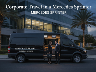 Business travelers beside Mercedes Sprinter outside modern office building