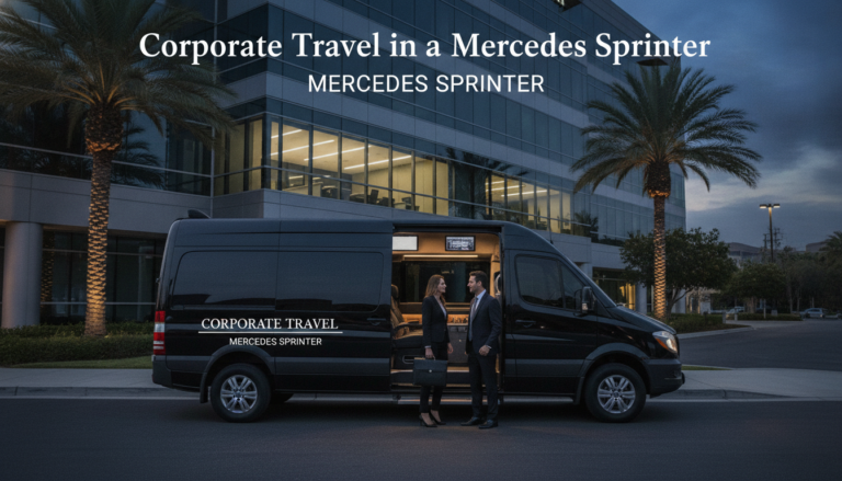 Business travelers beside Mercedes Sprinter outside modern office building