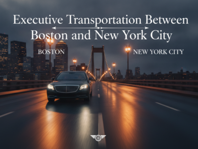 Executive luxury car driving between Boston and New York City
