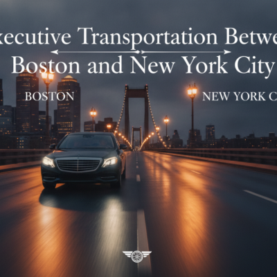 Executive luxury car driving between Boston and New York City