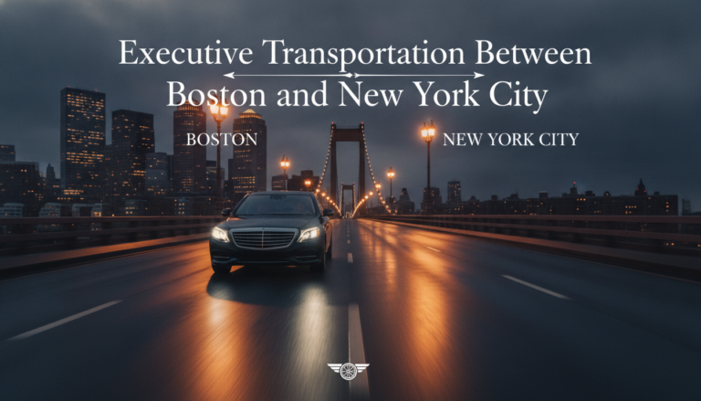 Executive luxury car driving between Boston and New York City