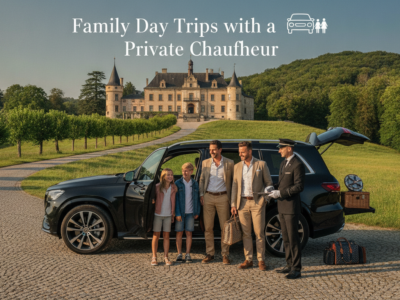 Family with chauffeur and SUV outside a castle