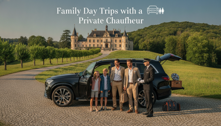 Family with chauffeur and SUV outside a castle