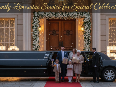 Family beside limousine at decorated venue celebrating 50th anniversary
