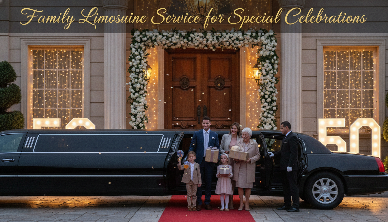Family beside limousine at decorated venue celebrating 50th anniversary