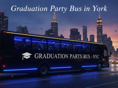 Graduation party bus driving through New York City at dusk