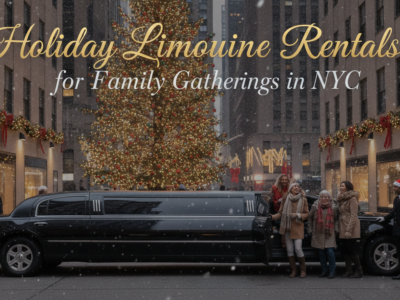 Family enjoying holiday limousine rental in snowy NYC