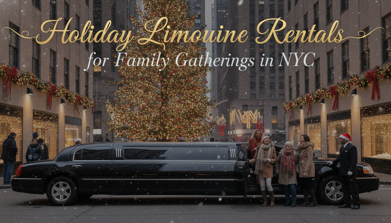Family enjoying holiday limousine rental in snowy NYC