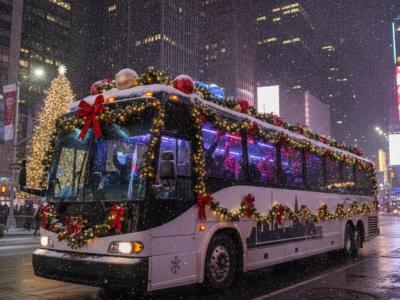 Christmas-decorated bus driving through snowy city streets at night