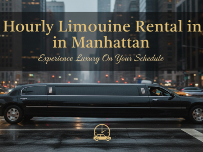 Black limousine on rainy Manhattan street promoting hourly rentals