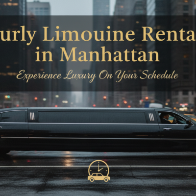 Black limousine on rainy Manhattan street promoting hourly rentals