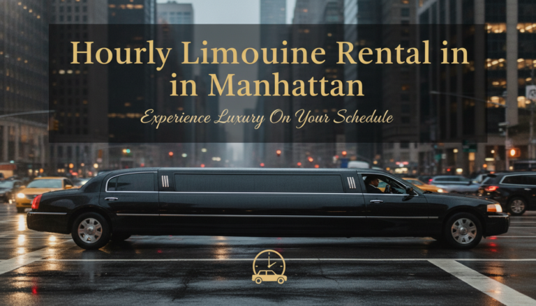 Black limousine on rainy Manhattan street promoting hourly rentals