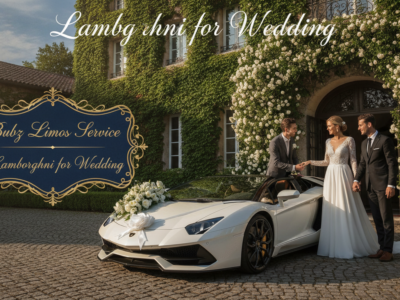 Bride and groom with white Lamborghini wedding car service