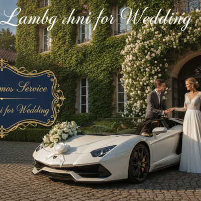 Bride and groom with white Lamborghini wedding car service