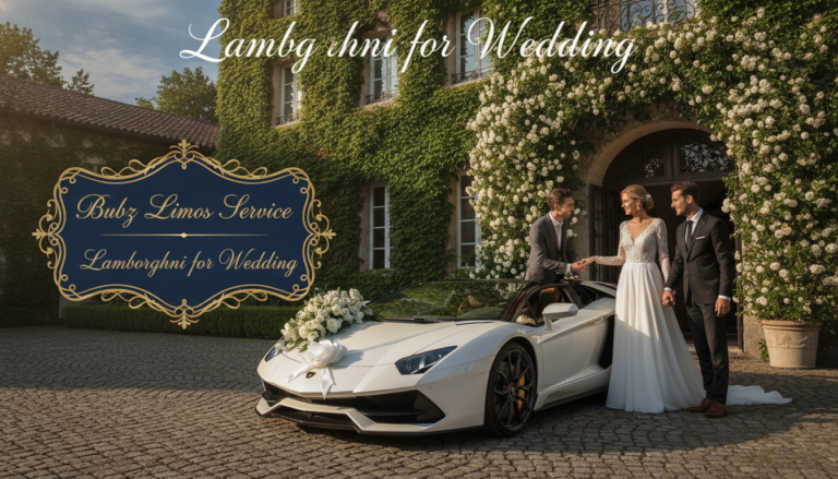 Bride and groom with white Lamborghini wedding car service