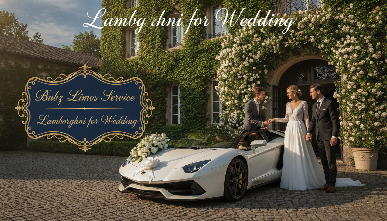 Bride and groom with white Lamborghini wedding car service