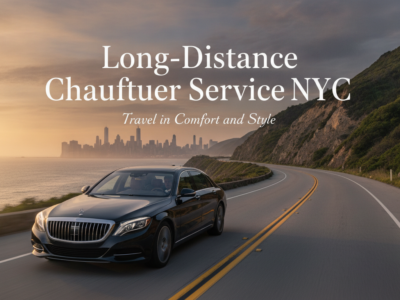 Luxury sedan on coastal road advertising long-distance NYC chauffeur service