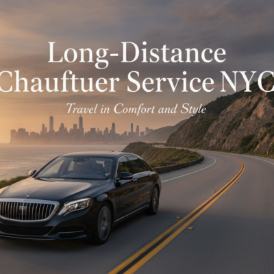 Luxury sedan on coastal road advertising long-distance NYC chauffeur service