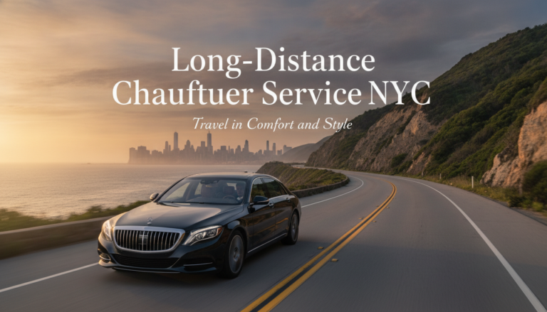 Luxury sedan on coastal road advertising long-distance NYC chauffeur service