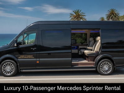 Luxury Mercedes Sprinter van with open door on coastal road