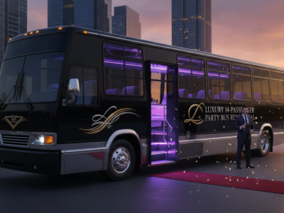 Luxury party bus with purple lights outside city skyscrapers