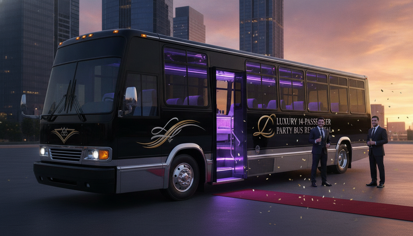 Luxury party bus with purple lights outside city skyscrapers