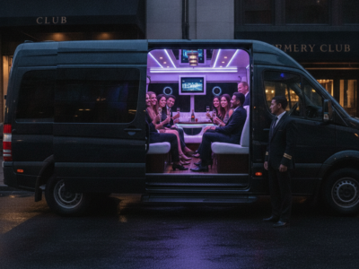 Friends celebrating in a luxury party van outside nightclub
