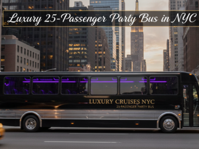 Luxury 25-passenger party bus driving through Manhattan streets