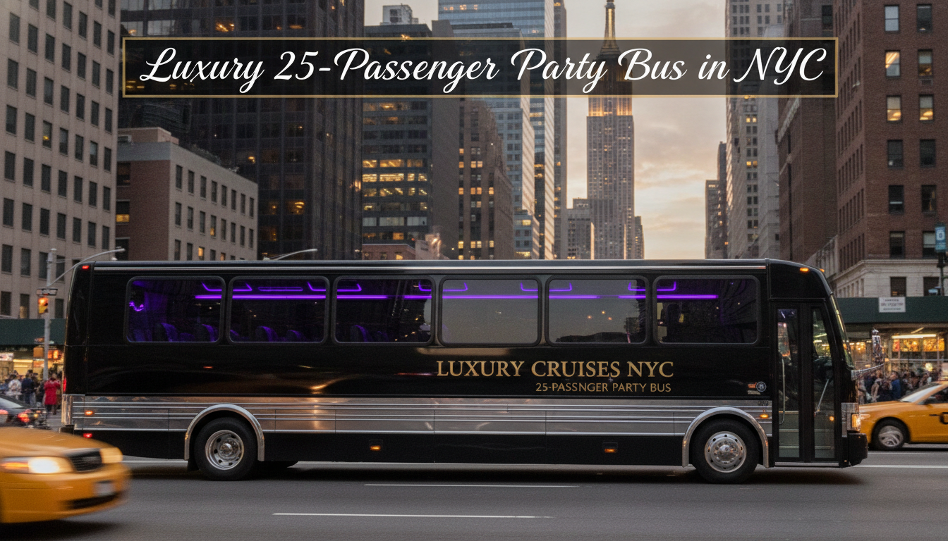 Luxury 25-passenger party bus driving through Manhattan streets