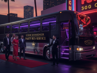 Guests arrive at luxury party bus outside neon-lit venue
