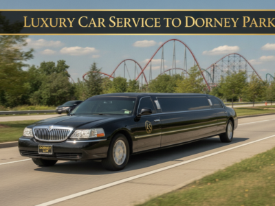 Luxury limousine driving near Dorney Park roller coasters