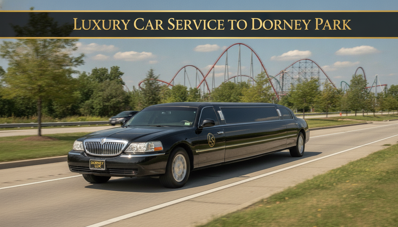 Luxury limousine driving near Dorney Park roller coasters