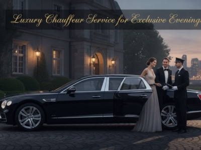 Chauffeur welcomes elegant couple beside luxury sedan at dusk