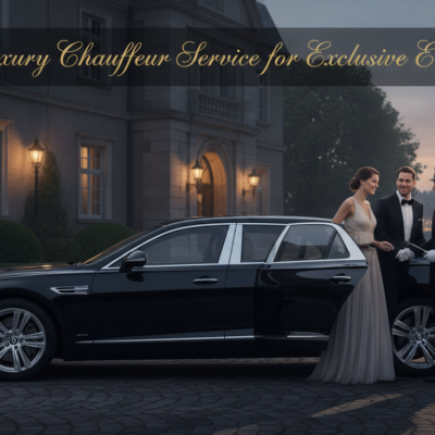 Chauffeur welcomes elegant couple beside luxury sedan at dusk