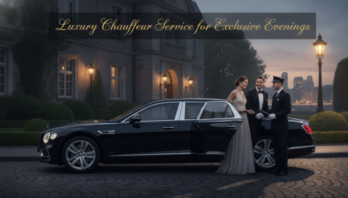 Chauffeur welcomes elegant couple beside luxury sedan at dusk
