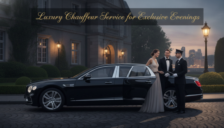 Chauffeur welcomes elegant couple beside luxury sedan at dusk