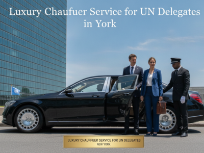 Chauffeur opening luxury car door for UN delegates in New York