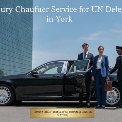 Chauffeur opening luxury car door for UN delegates in New York