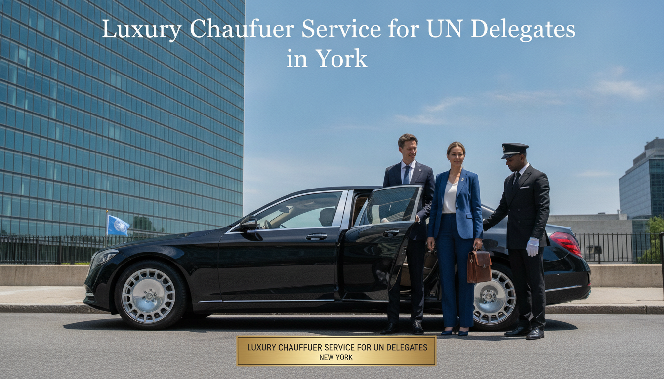 Chauffeur opening luxury car door for UN delegates in New York