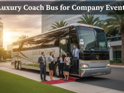 Luxury coach bus with business professionals outside office building