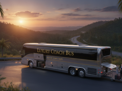 Luxury coach bus parked beside palm-lined mountain road at sunset