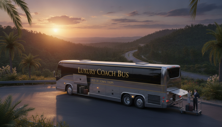 Luxury coach bus parked beside palm-lined mountain road at sunset