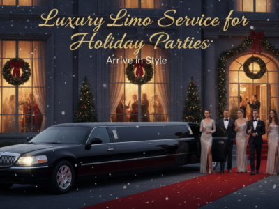 Luxury limousine arrives at snowy holiday party venue