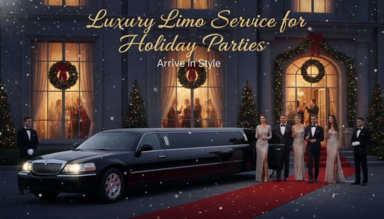 Luxury limousine arrives at snowy holiday party venue
