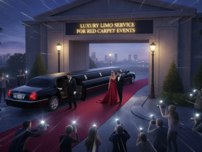Celebrity couple exits limousine on red carpet amid photographers