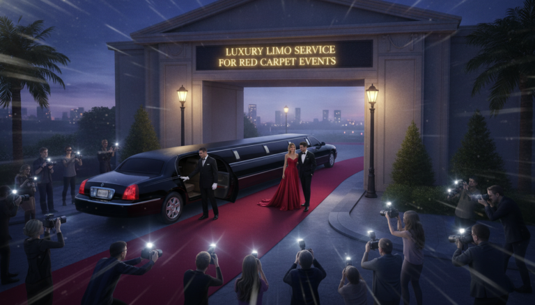 Celebrity couple exits limousine on red carpet amid photographers