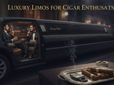Luxury limousine with suited men smoking cigars at night