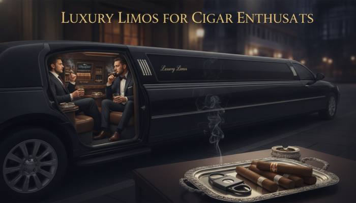 Luxury limousine with suited men smoking cigars at night